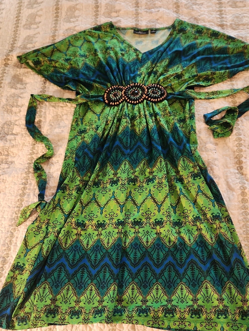 Nina Leonard Green and Blue Patterned Midi Dress with Beaded Waist